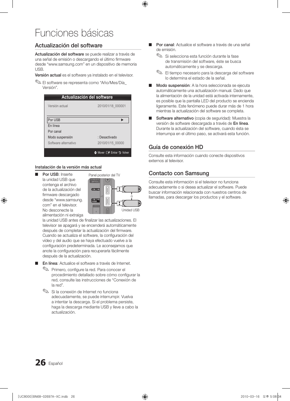 Funciones básicas, Actualización del software, Guía de conexión hd | Contacto con samsung | Samsung UE40C8000XW User Manual | Page 152 / 379