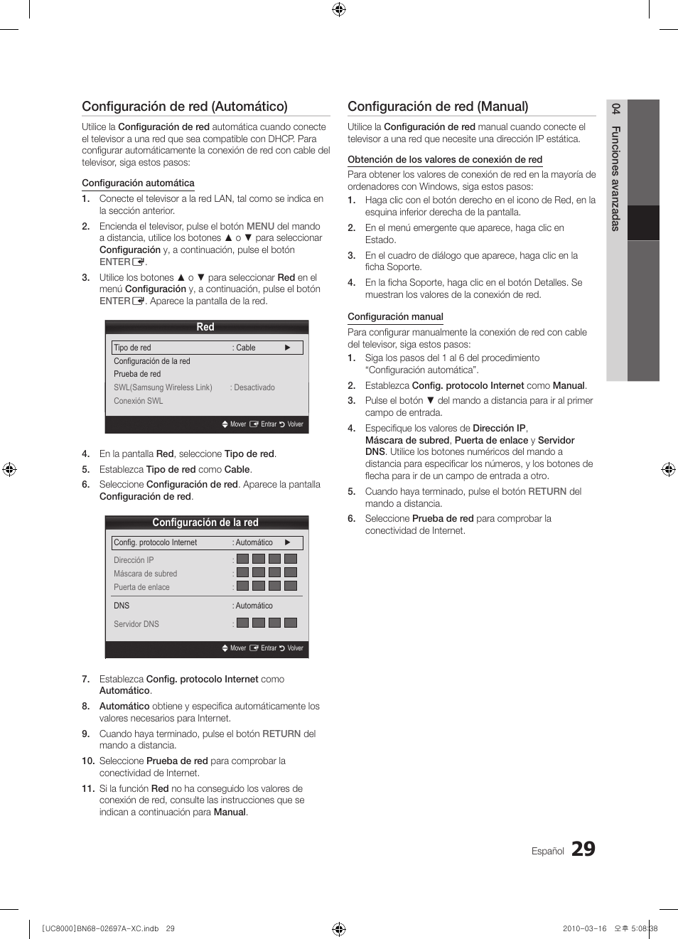 Configuración de red (automático), Configuración de red (manual) | Samsung UE40C8000XW User Manual | Page 155 / 379