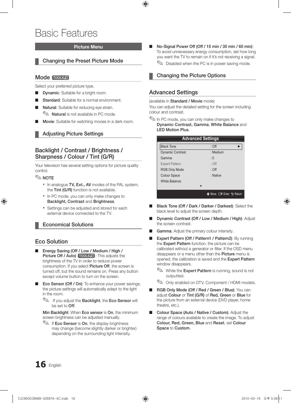 Basic features, Mode, Eco solution | Advanced settings | Samsung UE40C8000XW User Manual | Page 16 / 379