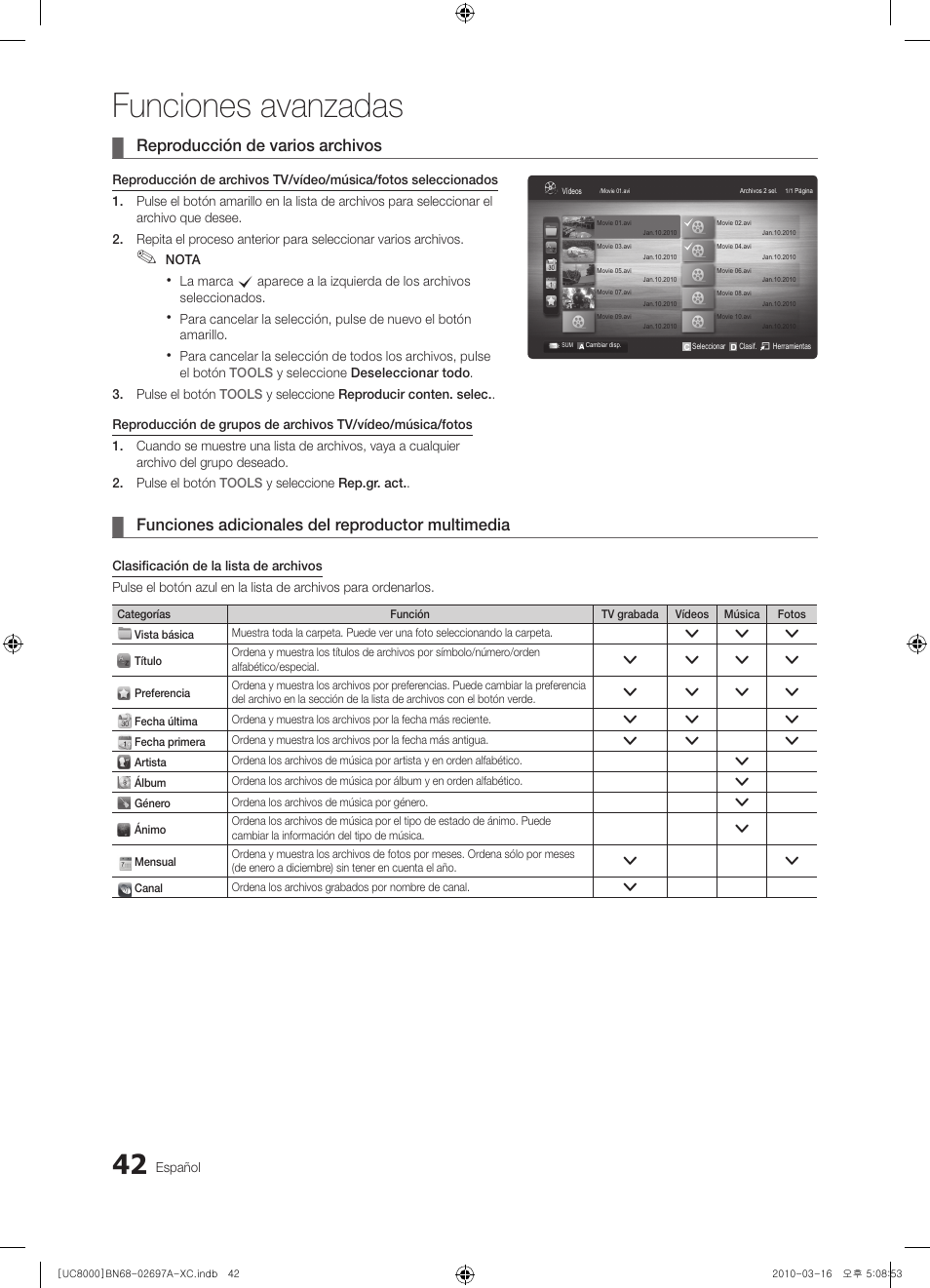 Funciones avanzadas, Reproducción de varios archivos, Funciones adicionales del reproductor multimedia | Samsung UE40C8000XW User Manual | Page 168 / 379