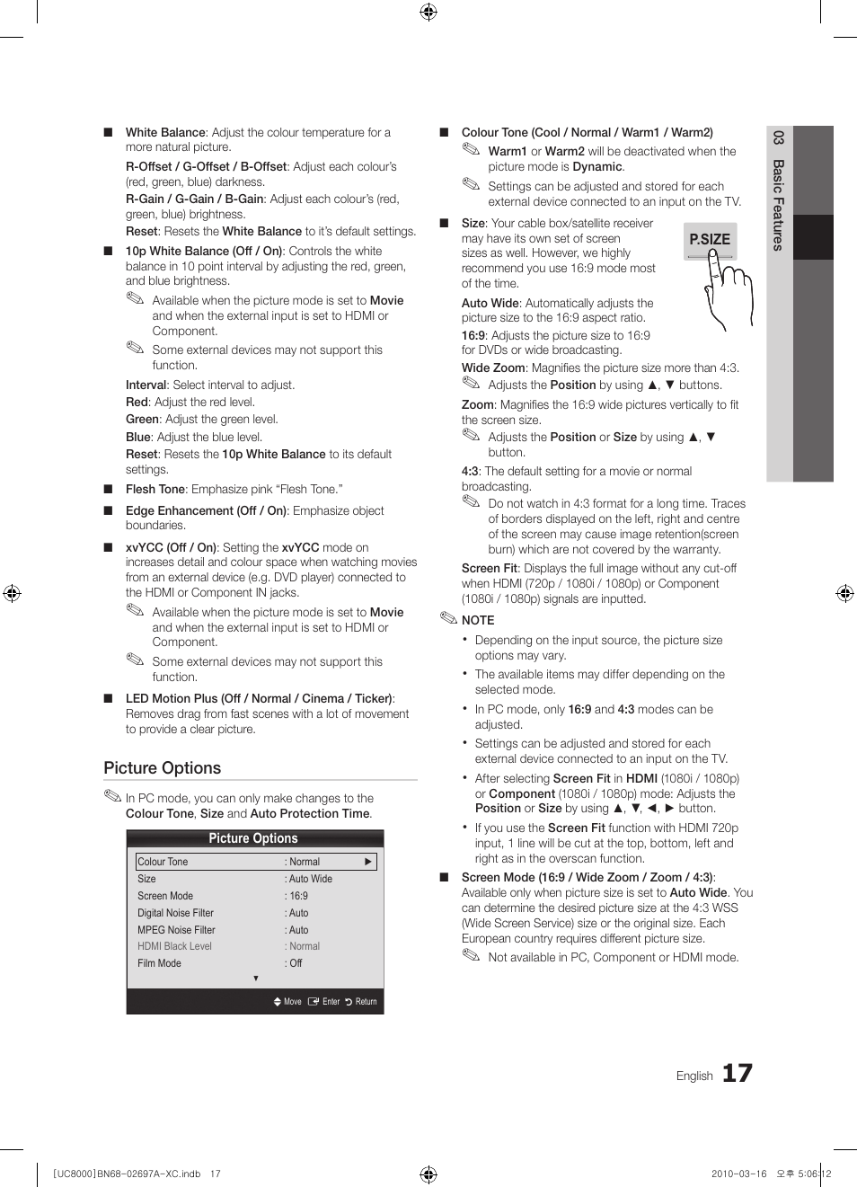 Picture options | Samsung UE40C8000XW User Manual | Page 17 / 379
