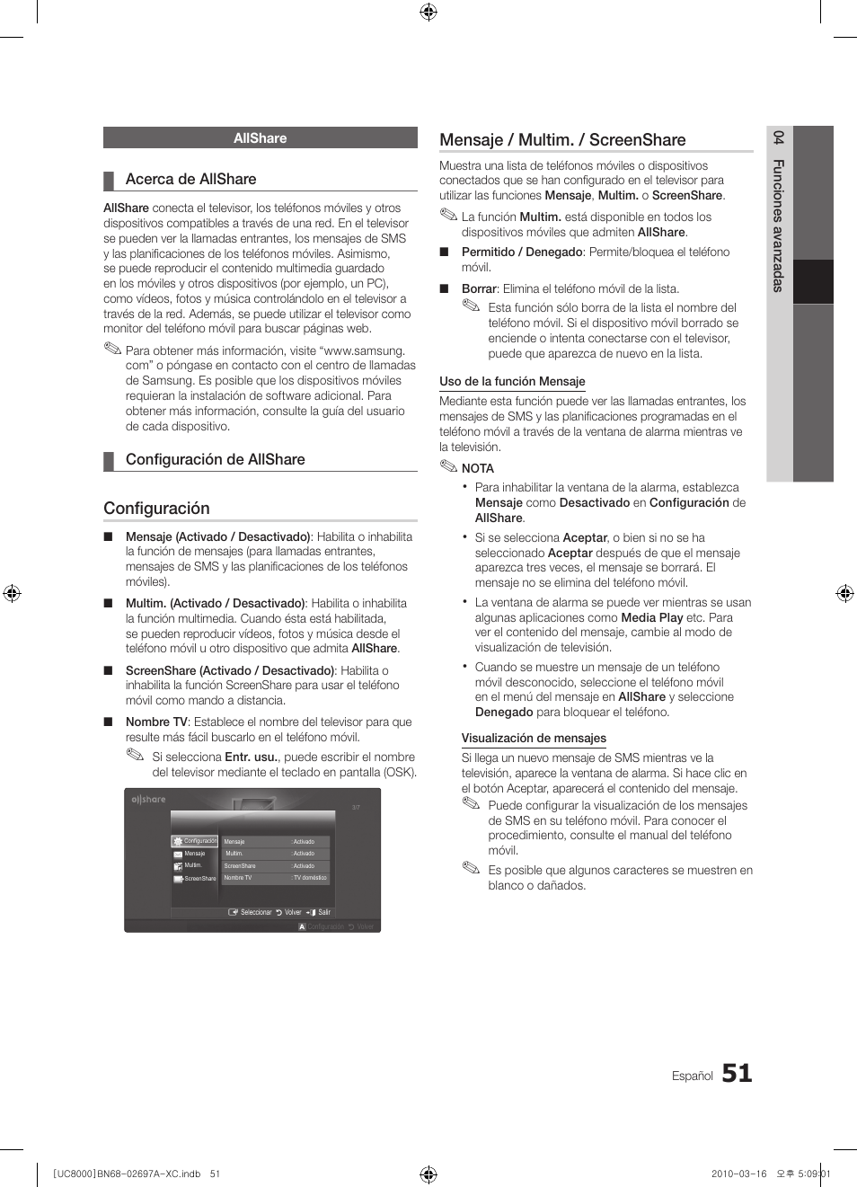 Configuración, Mensaje / multim. / screenshare | Samsung UE40C8000XW User Manual | Page 177 / 379