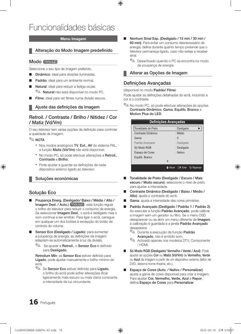 Funcionalidades básicas, Modo, Solução eco | Definições avançadas | Samsung UE40C8000XW User Manual | Page 205 / 379