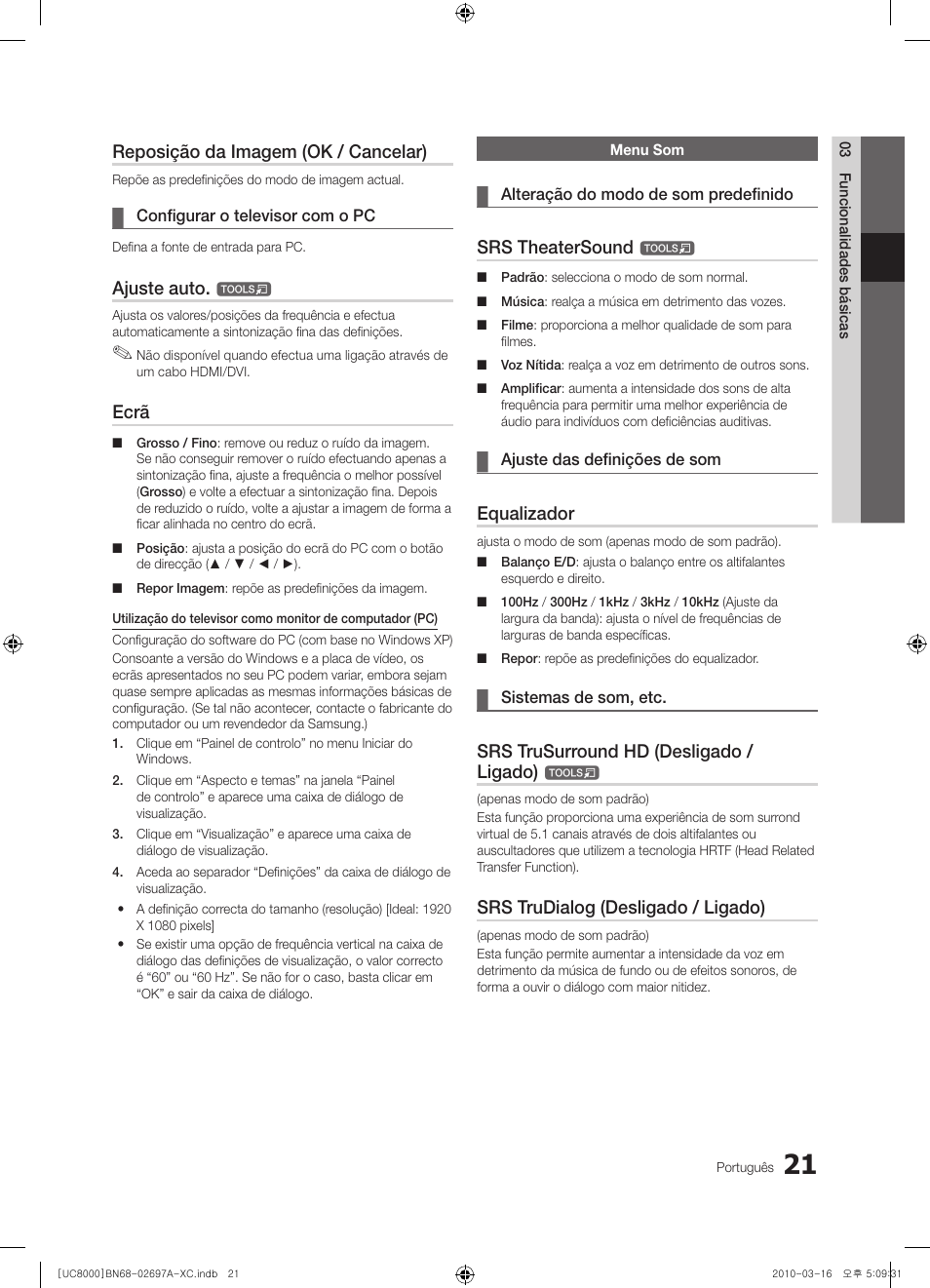 Reposição da imagem (ok / cancelar), Ajuste auto, Ecrã | Srs theatersound, Equalizador, Srs trusurround hd (desligado / ligado), Srs trudialog (desligado / ligado) | Samsung UE40C8000XW User Manual | Page 210 / 379