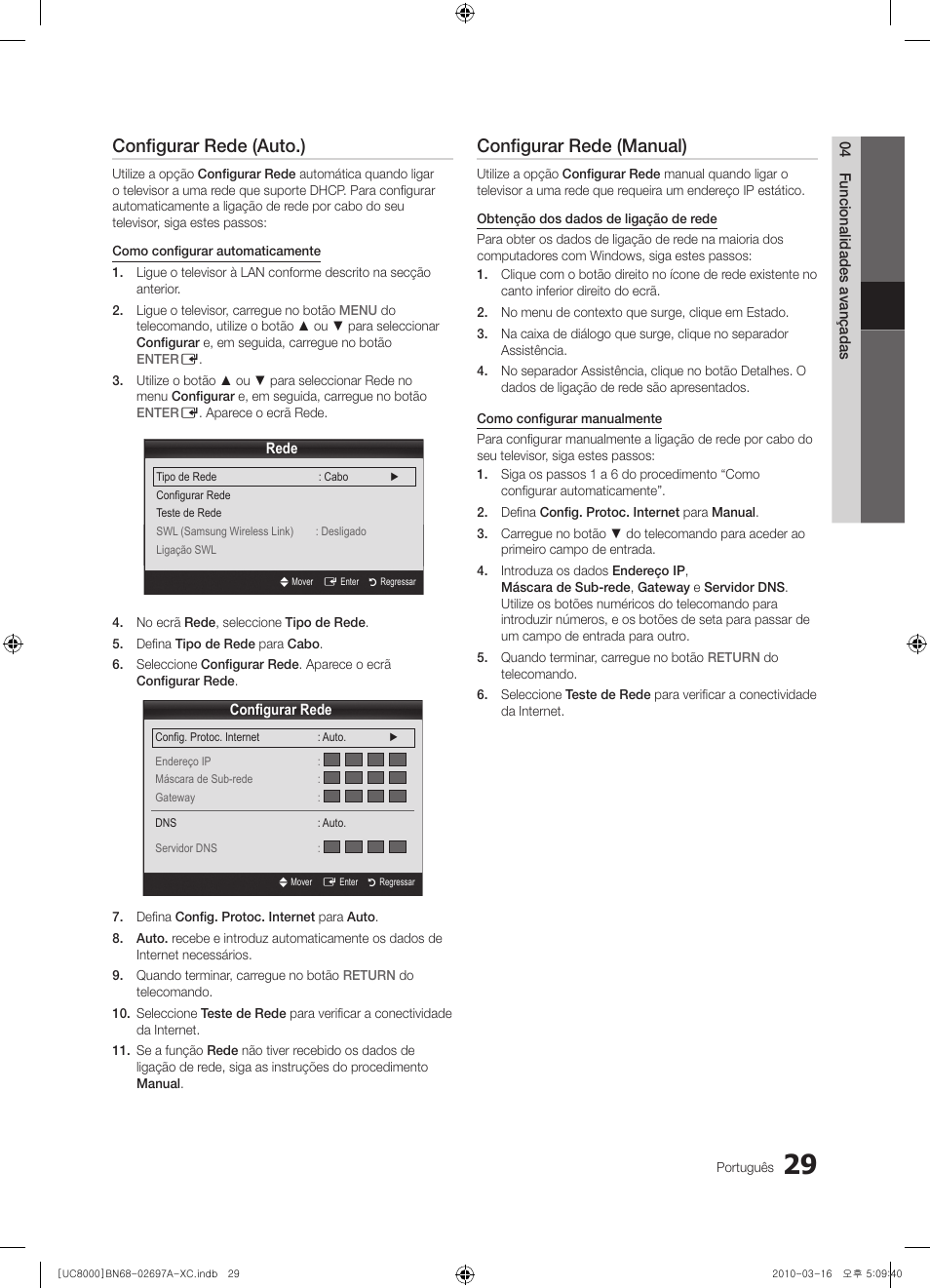 Configurar rede (auto.), Configurar rede (manual) | Samsung UE40C8000XW User Manual | Page 218 / 379