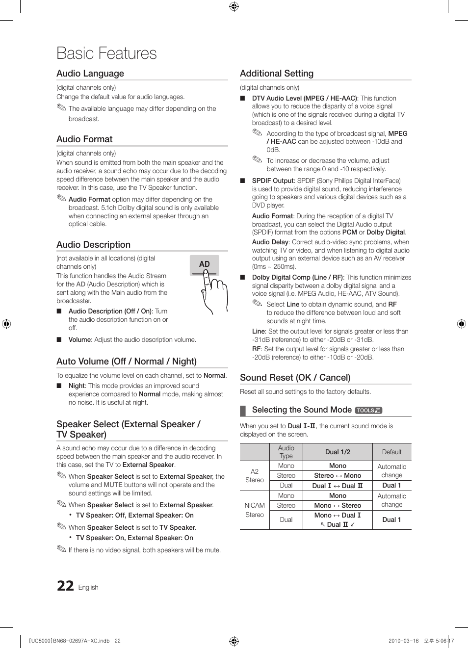 Basic features, Audio language, Audio format | Audio description, Auto volume (off / normal / night), Speaker select (external speaker / tv speaker), Additional setting, Sound reset (ok / cancel) | Samsung UE40C8000XW User Manual | Page 22 / 379
