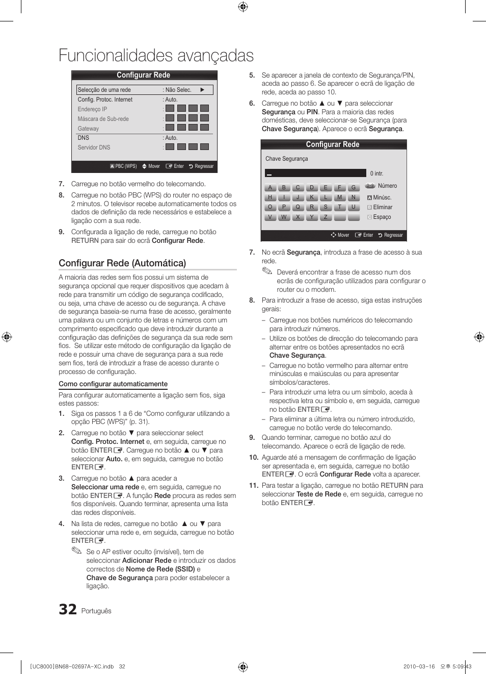 Funcionalidades avançadas, Configurar rede (automática) | Samsung UE40C8000XW User Manual | Page 221 / 379