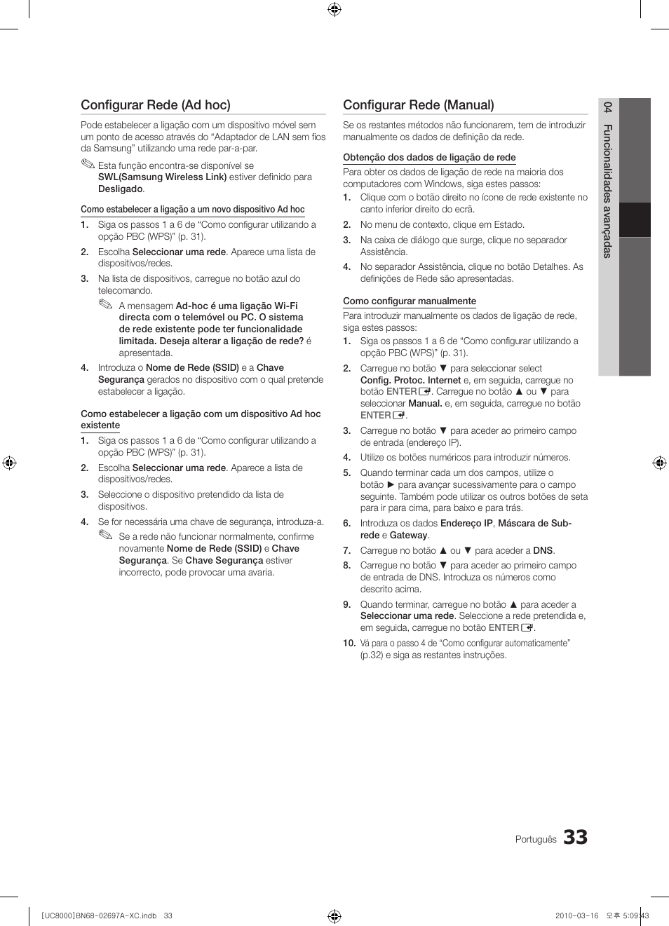 Configurar rede (ad hoc), Configurar rede (manual) | Samsung UE40C8000XW User Manual | Page 222 / 379