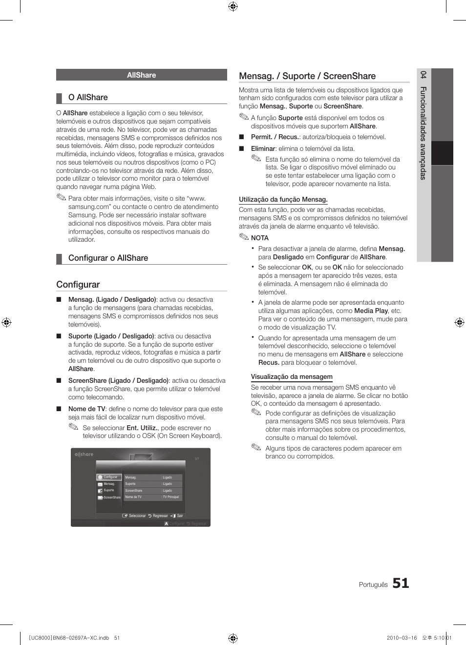 Configurar, Mensag. / suporte / screenshare | Samsung UE40C8000XW User Manual | Page 240 / 379