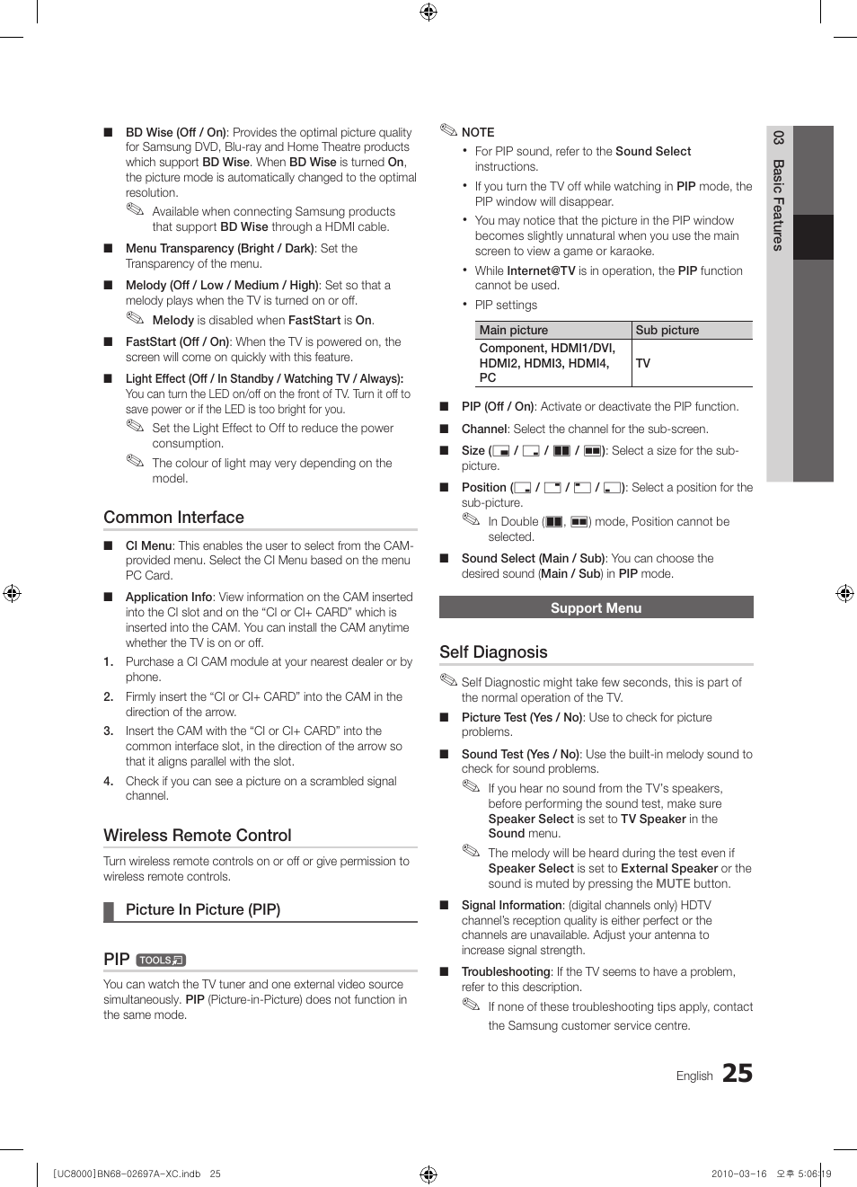Common interface, Wireless remote control, Self diagnosis | Samsung UE40C8000XW User Manual | Page 25 / 379