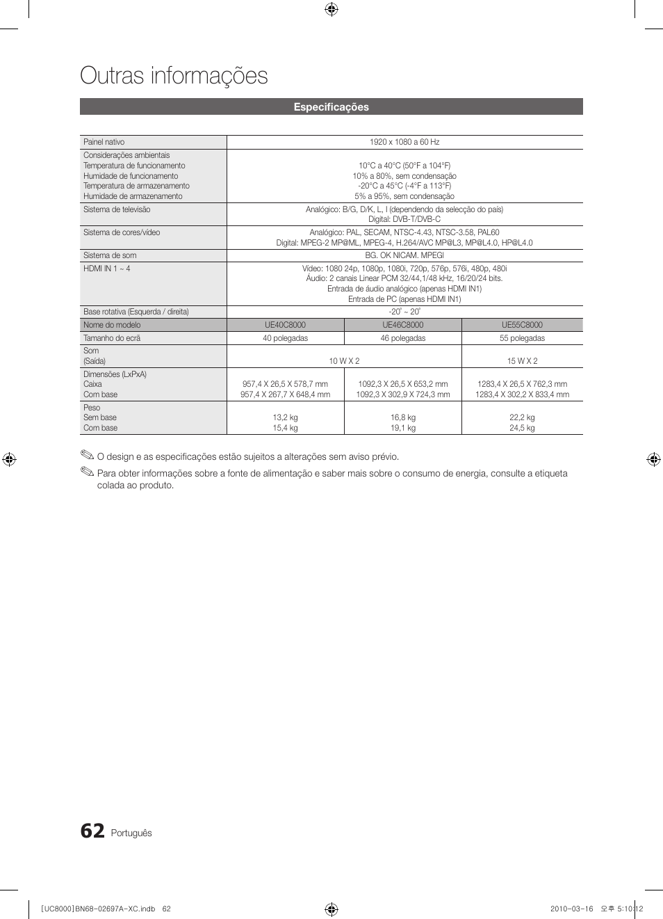Outras informações | Samsung UE40C8000XW User Manual | Page 251 / 379