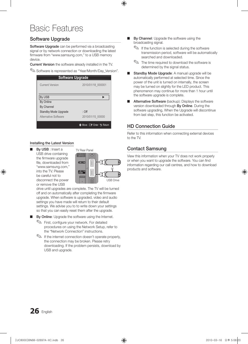Basic features, Software upgrade, Hd connection guide | Contact samsung | Samsung UE40C8000XW User Manual | Page 26 / 379