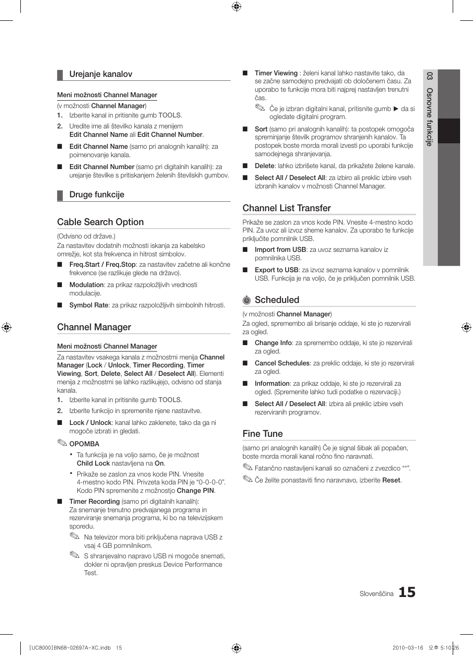 Cable search option, Channel manager, Channel list transfer | Scheduled, Fine tune | Samsung UE40C8000XW User Manual | Page 267 / 379
