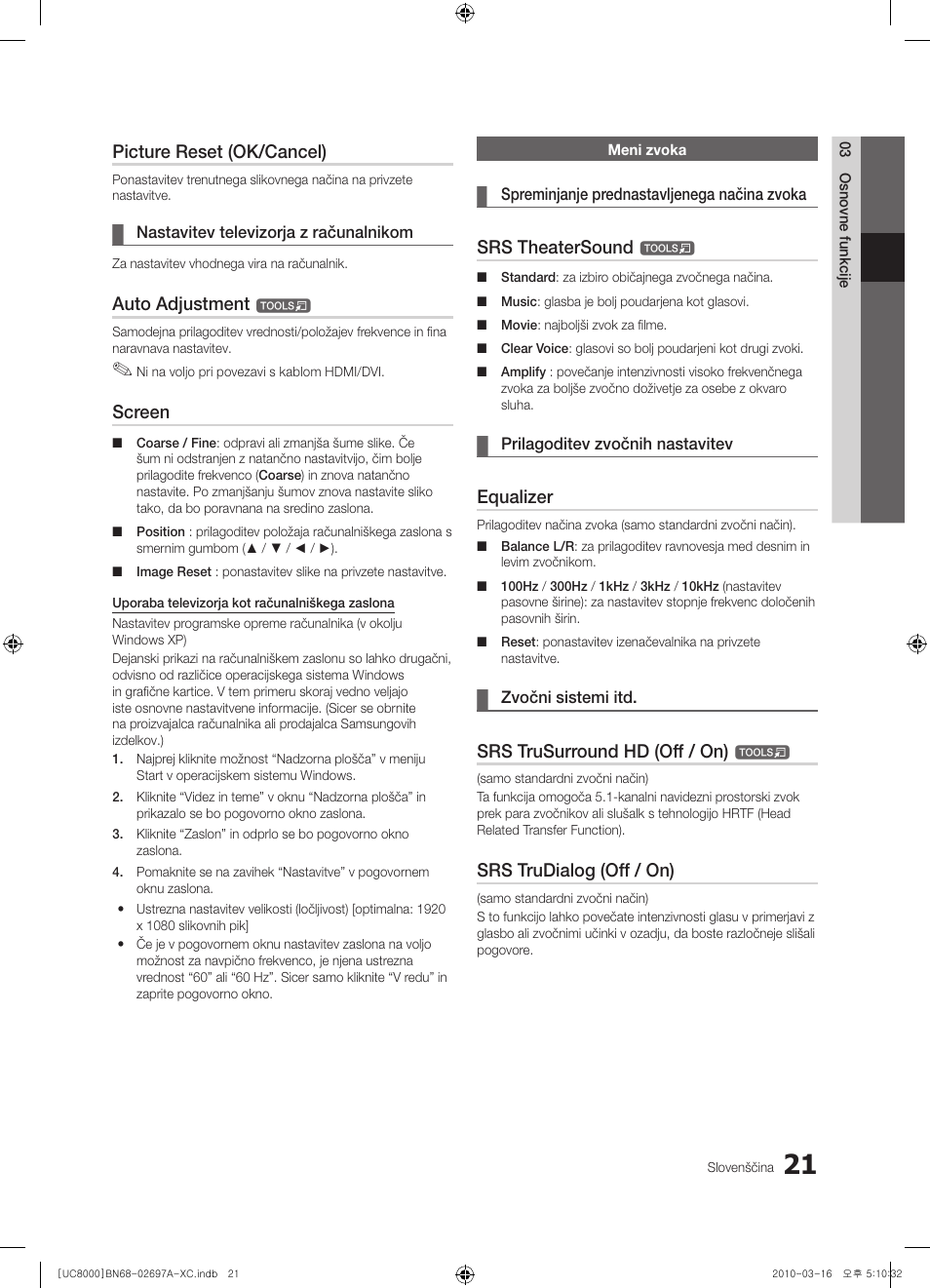 Picture reset (ok/cancel), Auto adjustment, Screen | Srs theatersound, Equalizer, Srs trusurround hd (off / on), Srs trudialog (off / on) | Samsung UE40C8000XW User Manual | Page 273 / 379
