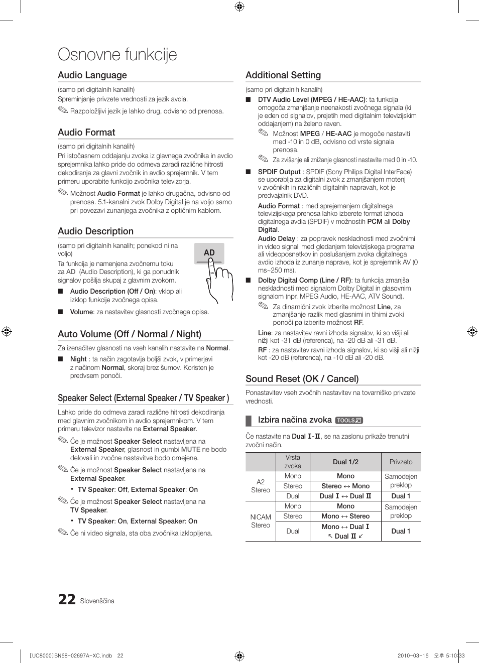 Osnovne funkcije, Audio language, Audio format | Audio description, Auto volume (off / normal / night), Speaker select (external speaker / tv speaker ), Additional setting, Sound reset (ok / cancel) | Samsung UE40C8000XW User Manual | Page 274 / 379
