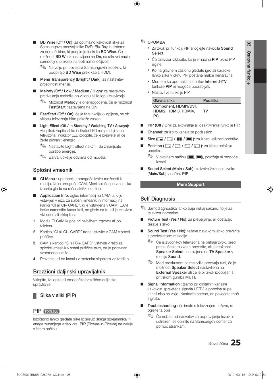 Splošni vmesnik, Brezžični daljinski upravljalnik, Self diagnosis | Samsung UE40C8000XW User Manual | Page 277 / 379