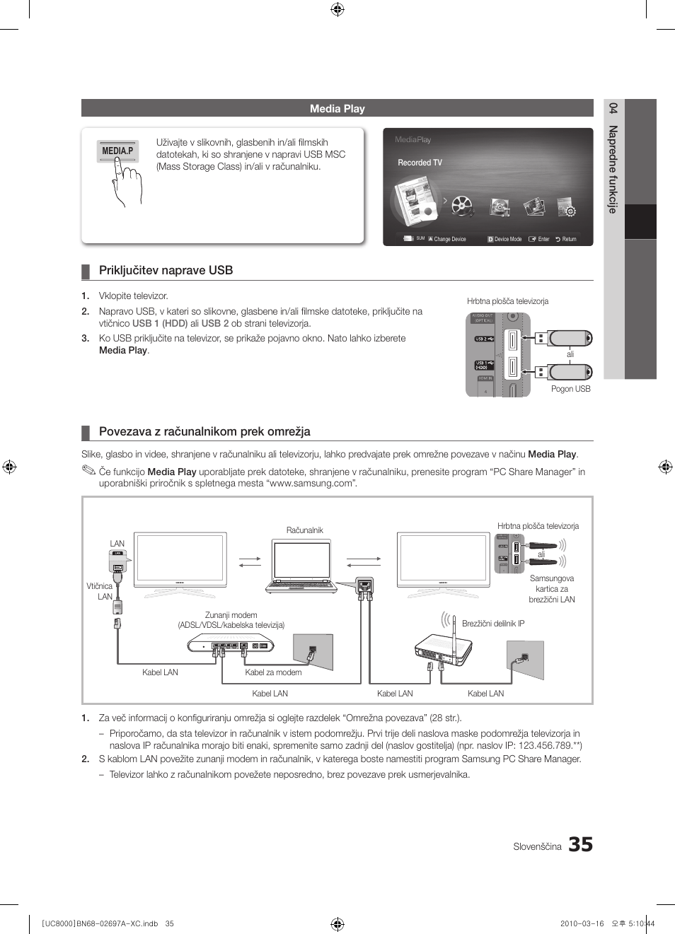 Priključitev naprave usb, Povezava z računalnikom prek omrežja | Samsung UE40C8000XW User Manual | Page 287 / 379