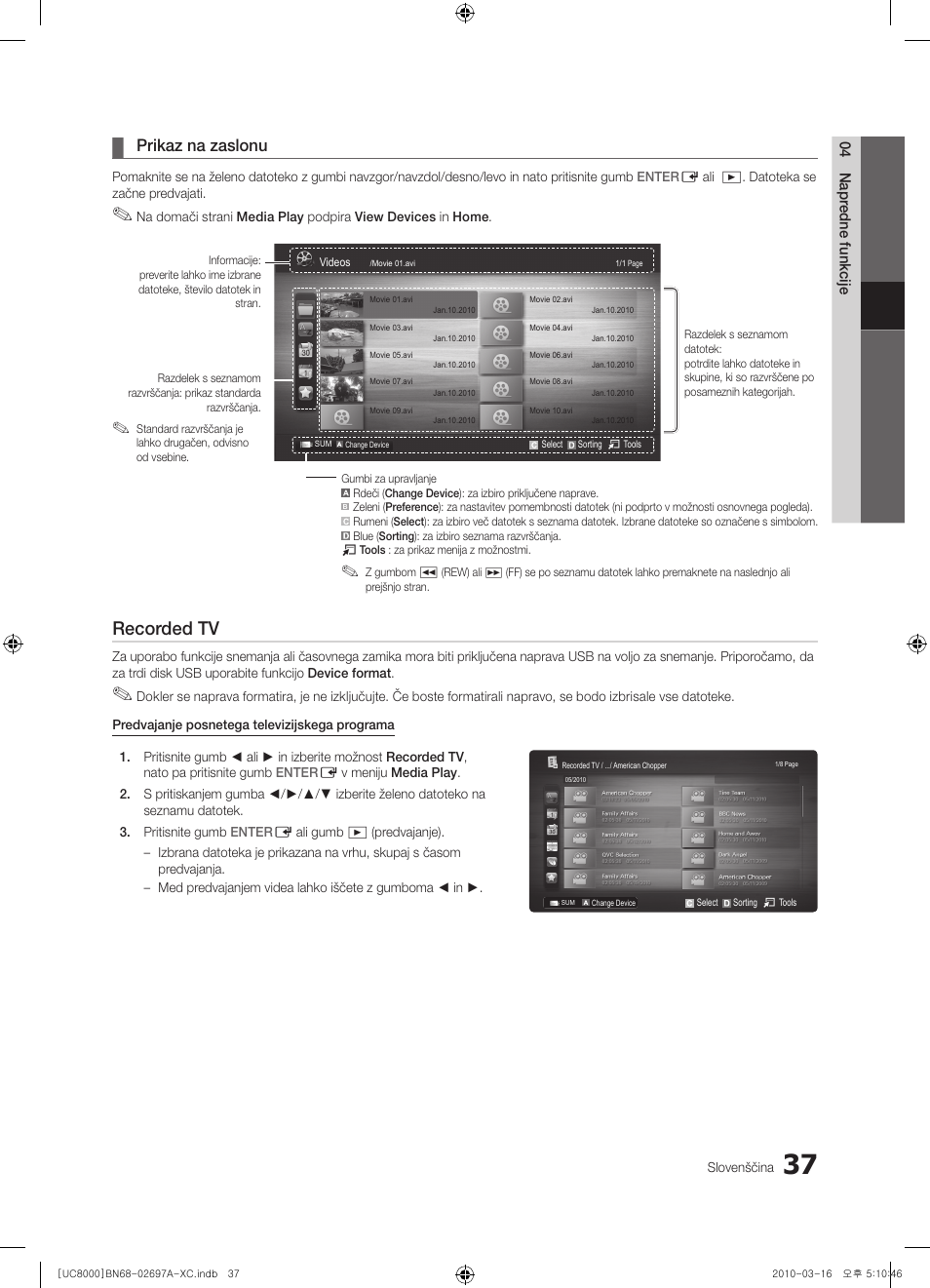 Recorded tv, Prikaz na zaslonu | Samsung UE40C8000XW User Manual | Page 289 / 379