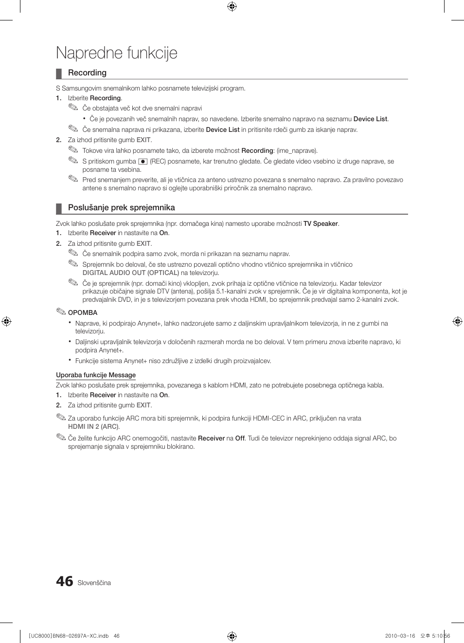 Napredne funkcije | Samsung UE40C8000XW User Manual | Page 298 / 379