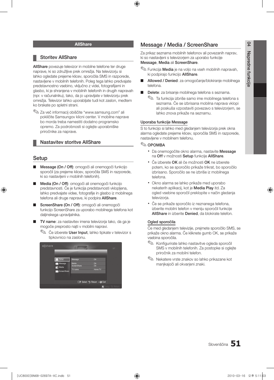 Setup, Message / media / screenshare | Samsung UE40C8000XW User Manual | Page 303 / 379
