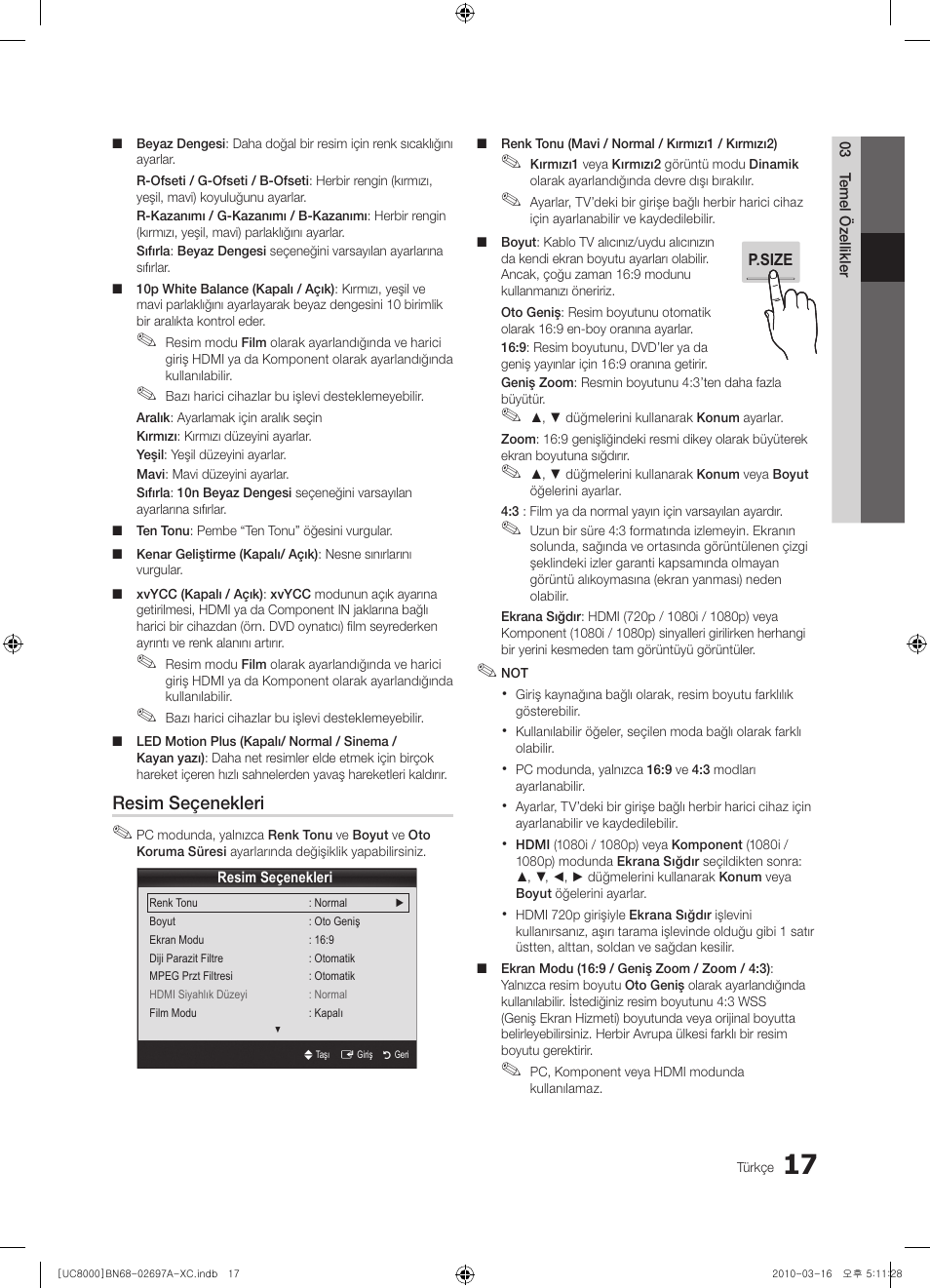 Resim seçenekleri | Samsung UE40C8000XW User Manual | Page 332 / 379