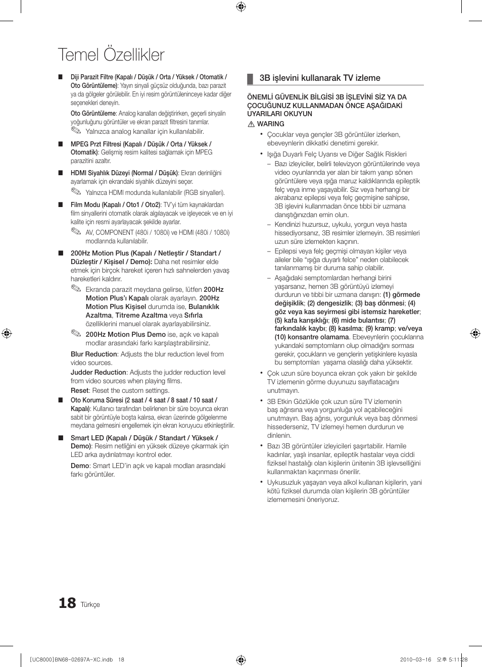 Temel özellikler | Samsung UE40C8000XW User Manual | Page 333 / 379