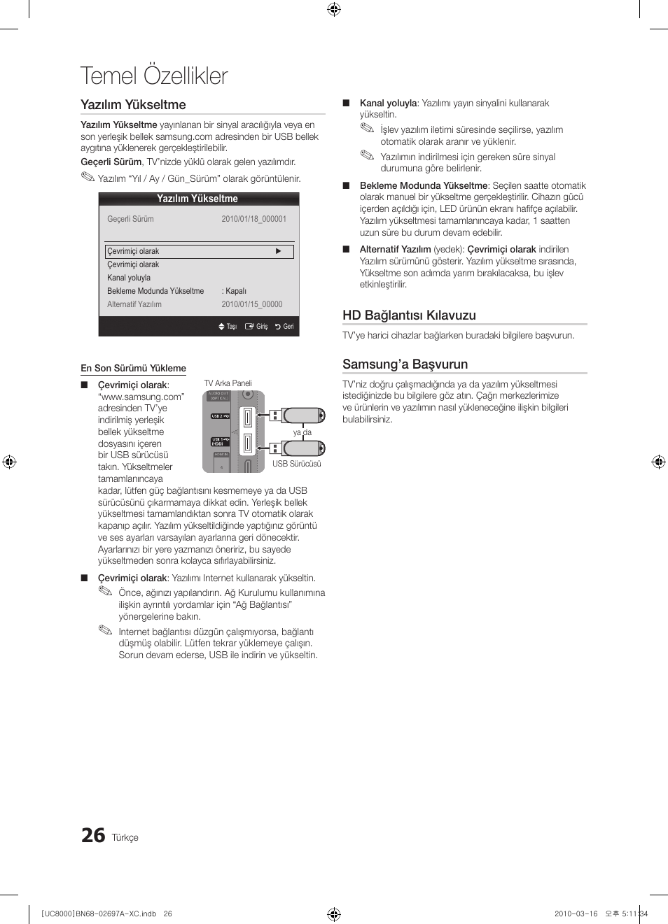 Temel özellikler, Yazılım yükseltme, Hd bağlantısı kılavuzu | Samsung’a başvurun | Samsung UE40C8000XW User Manual | Page 341 / 379