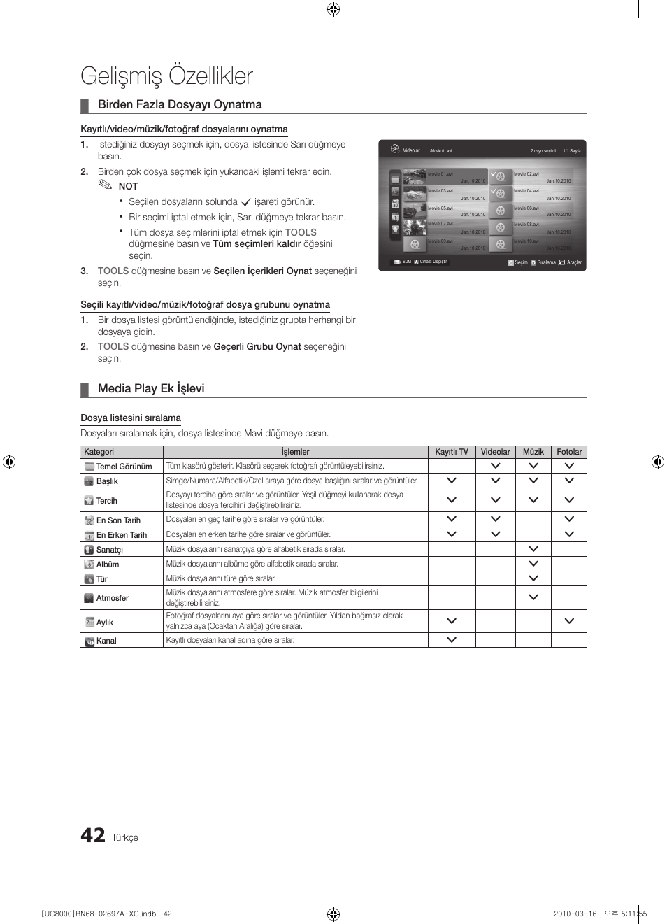 Gelişmiş özellikler, Birden fazla dosyayı oynatma, Media play ek işlevi | Samsung UE40C8000XW User Manual | Page 357 / 379