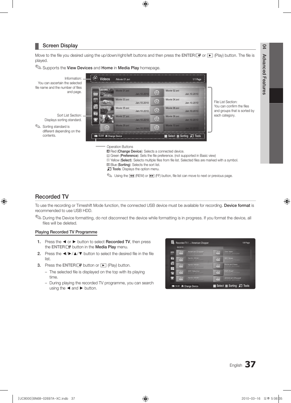 Recorded tv, Screen display | Samsung UE40C8000XW User Manual | Page 37 / 379