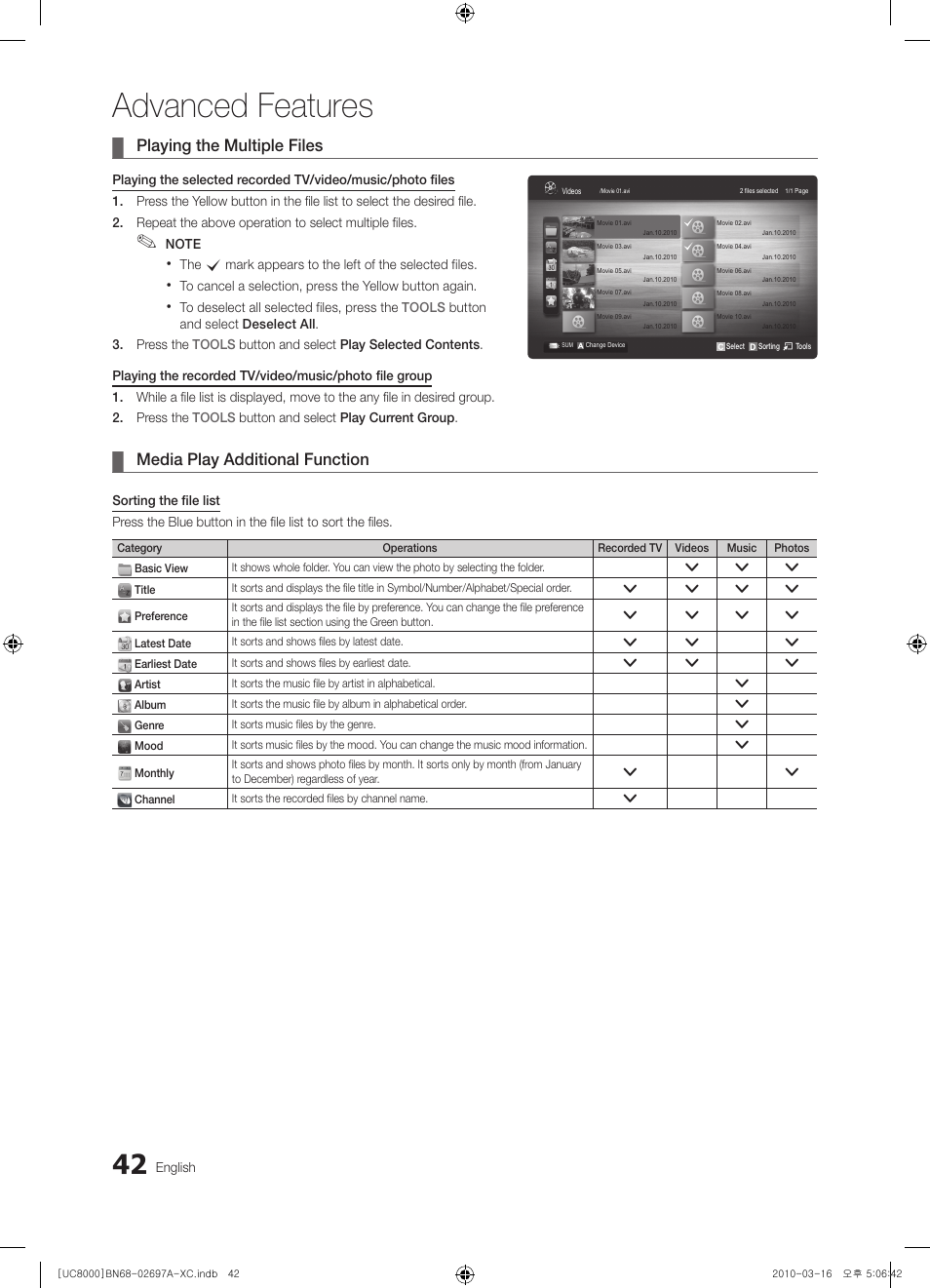 Advanced features, Playing the multiple files, Media play additional function | Samsung UE40C8000XW User Manual | Page 42 / 379