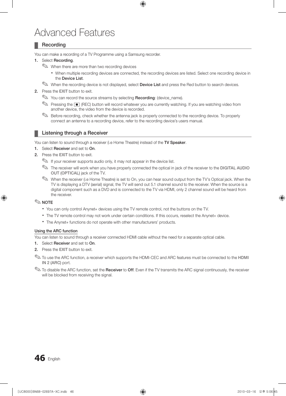 Advanced features | Samsung UE40C8000XW User Manual | Page 46 / 379