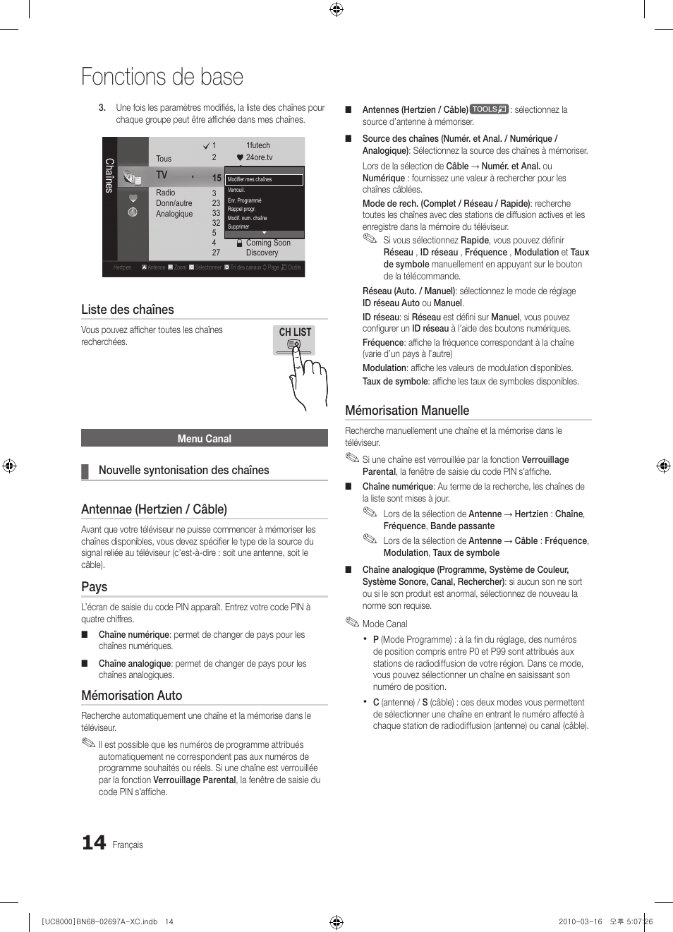 Fonctions de base, Liste des chaînes, Antennae (hertzien / câble) | Pays, Mémorisation auto, Mémorisation manuelle | Samsung UE40C8000XW User Manual | Page 77 / 379