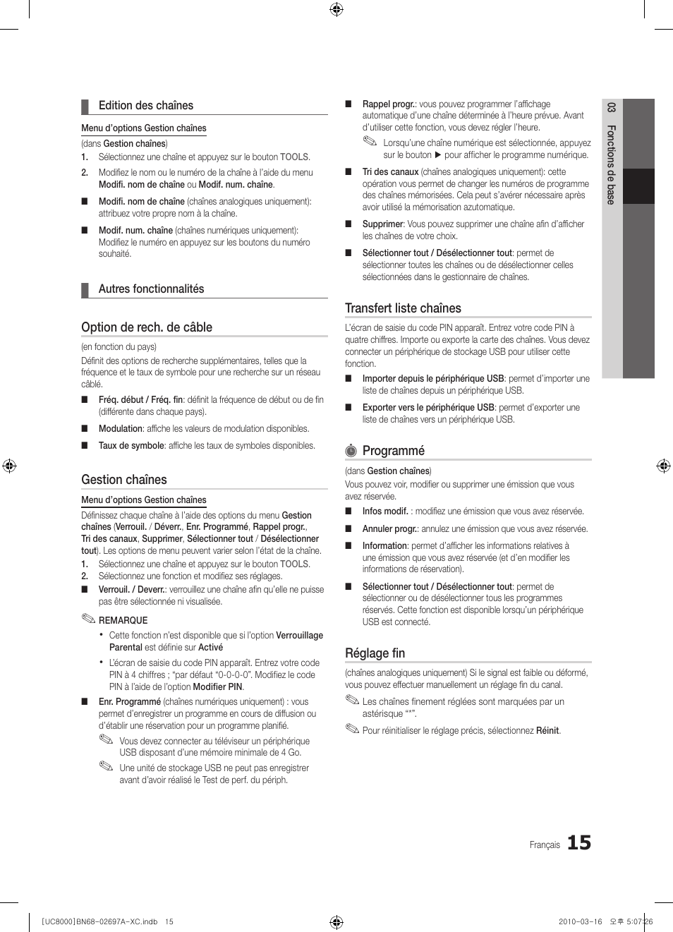 Option de rech. de câble, Gestion chaînes, Transfert liste chaînes | Programmé, Réglage fin | Samsung UE40C8000XW User Manual | Page 78 / 379