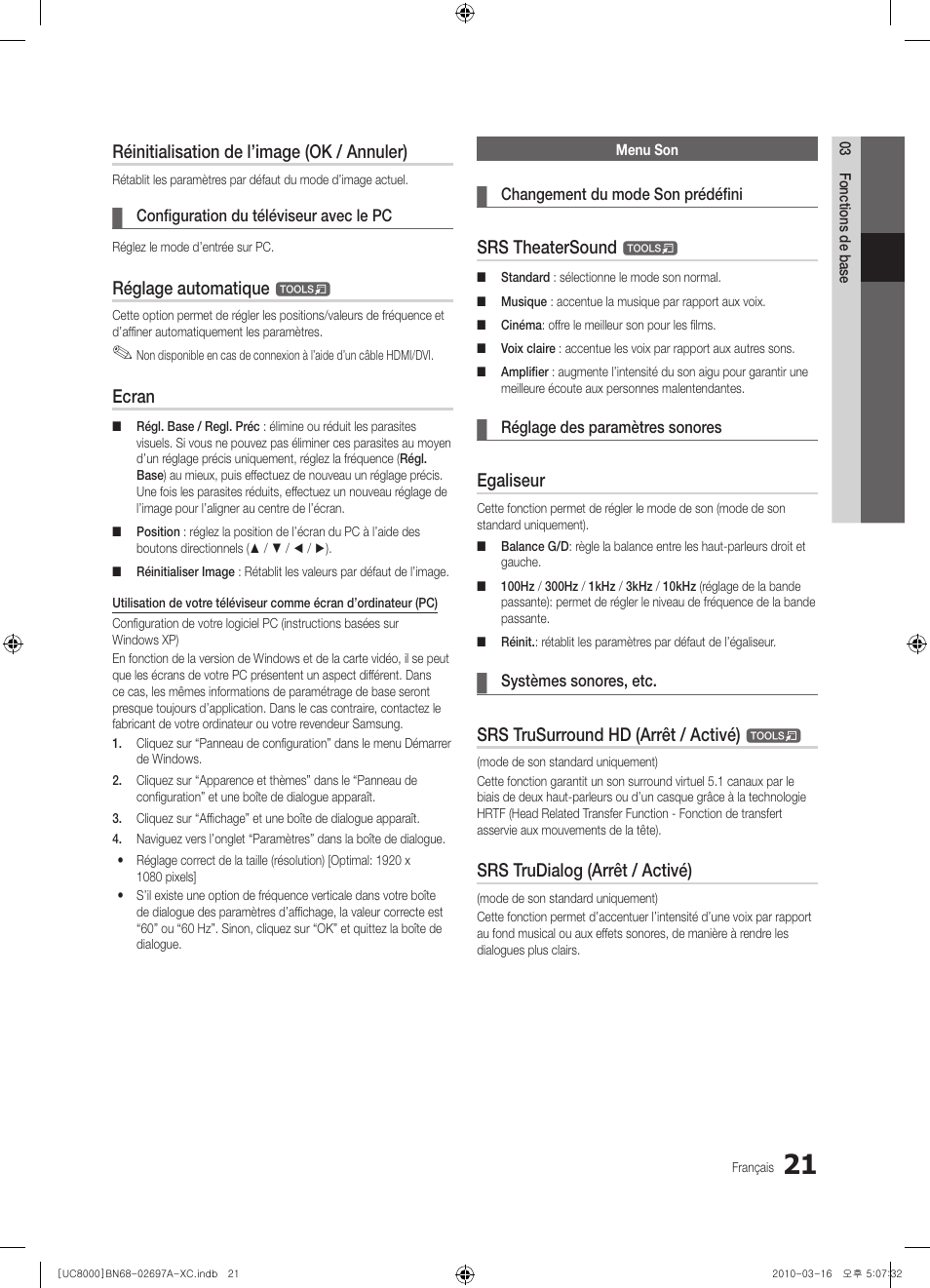 Réinitialisation de l’image (ok / annuler), Réglage automatique, Ecran | Srs theatersound, Egaliseur, Srs trusurround hd (arrêt / activé), Srs trudialog (arrêt / activé) | Samsung UE40C8000XW User Manual | Page 84 / 379