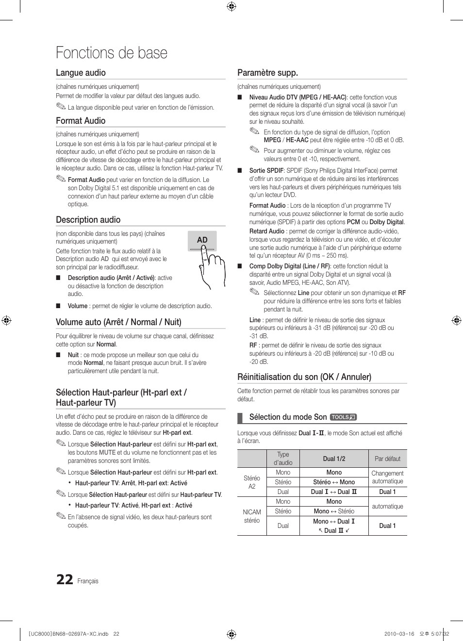 Fonctions de base, Langue audio, Format audio | Description audio, Volume auto (arrêt / normal / nuit), Paramètre supp, Réinitialisation du son (ok / annuler) | Samsung UE40C8000XW User Manual | Page 85 / 379