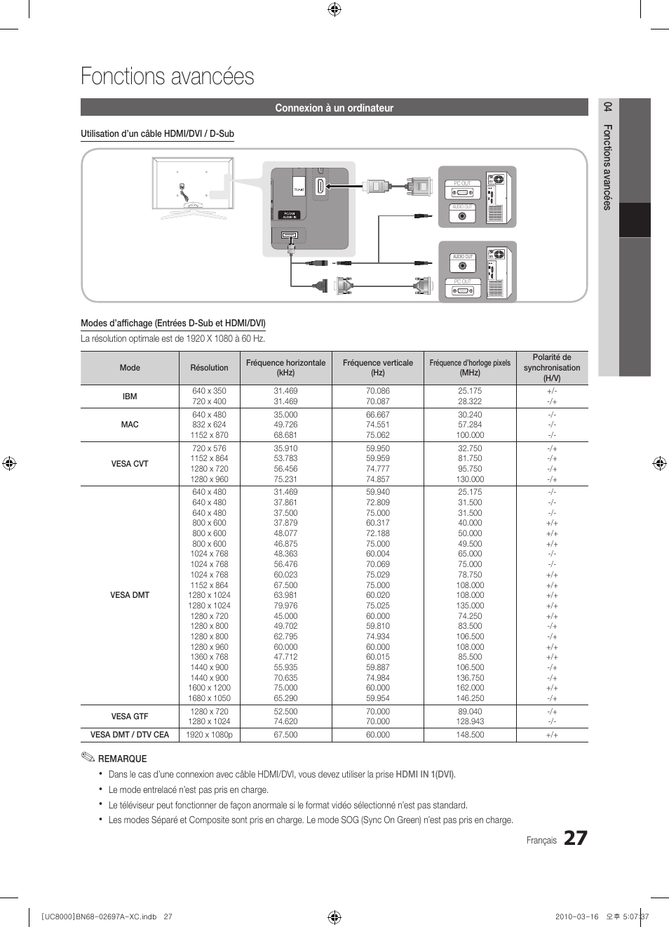 Fonctions avancées | Samsung UE40C8000XW User Manual | Page 90 / 379