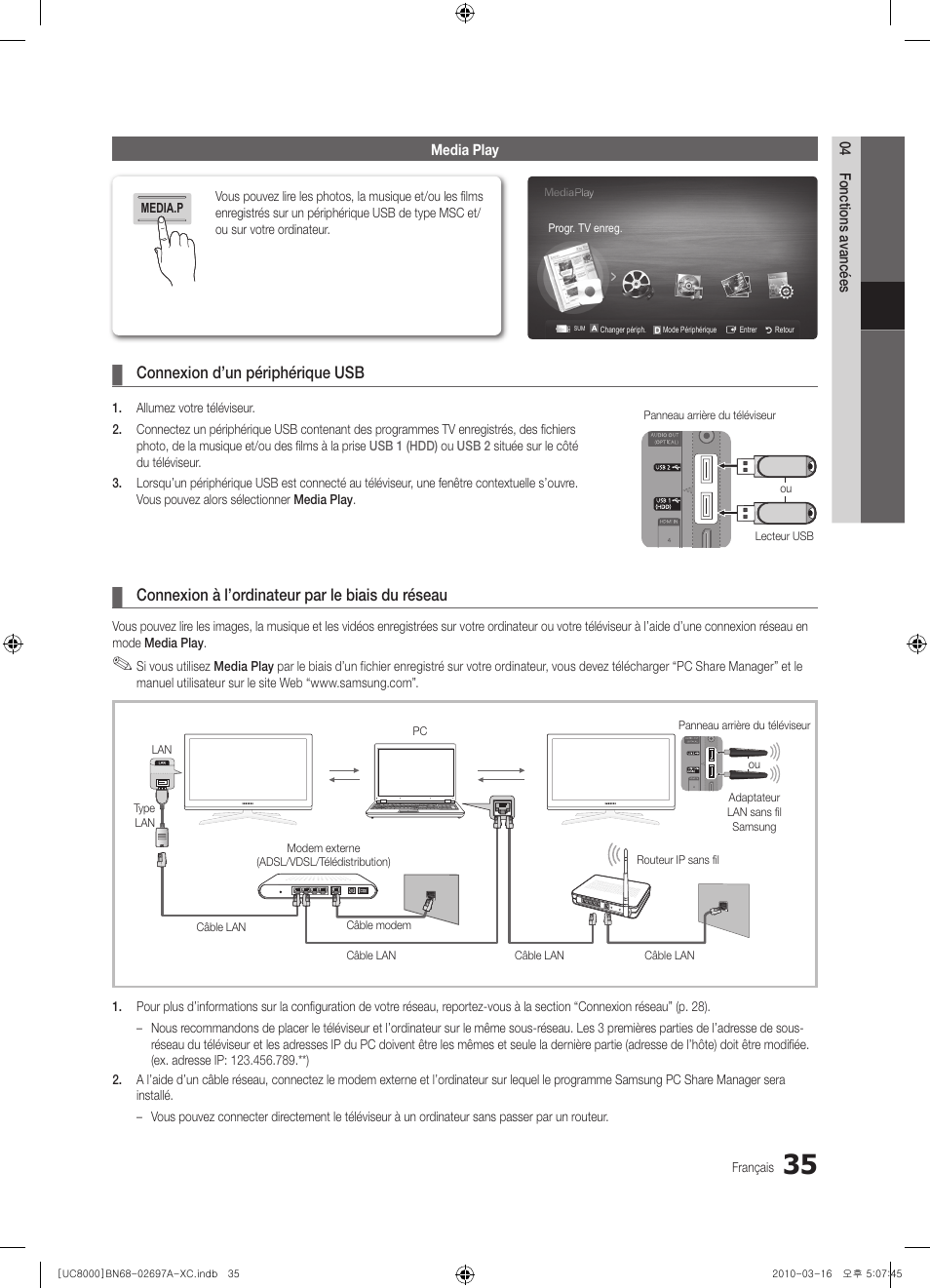Connexion d’un périphérique usb, Connexion à l’ordinateur par le biais du réseau | Samsung UE40C8000XW User Manual | Page 98 / 379