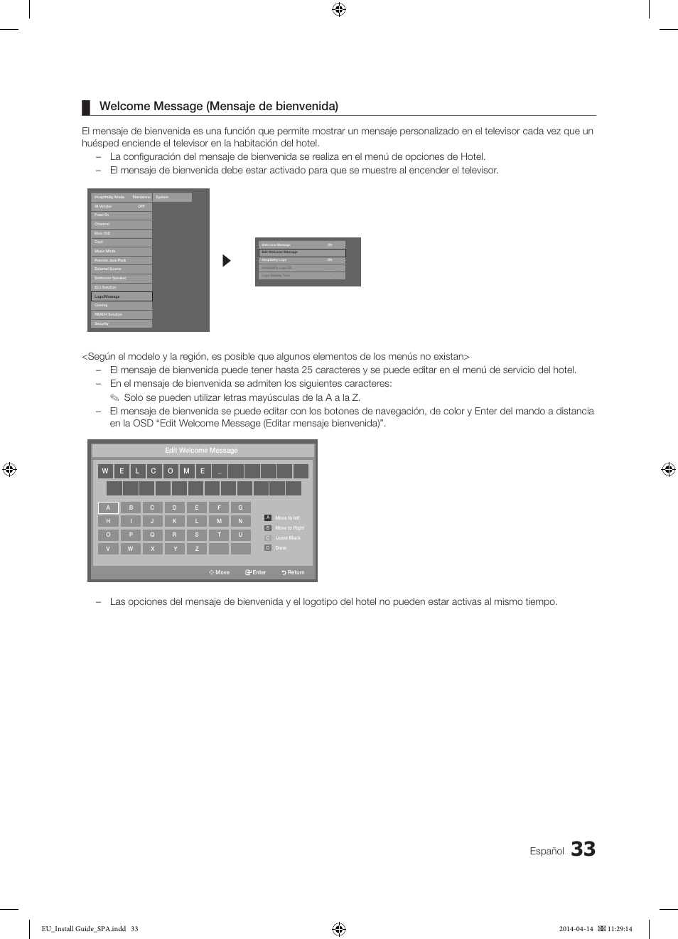Welcome message (mensaje de bienvenida), Español | Samsung HG32EC675AB User Manual | Page 33 / 57