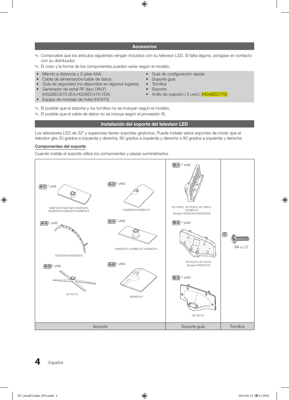 Accesorios, Instalación del soporte del televisor led | Samsung HG32EC675AB User Manual | Page 4 / 57