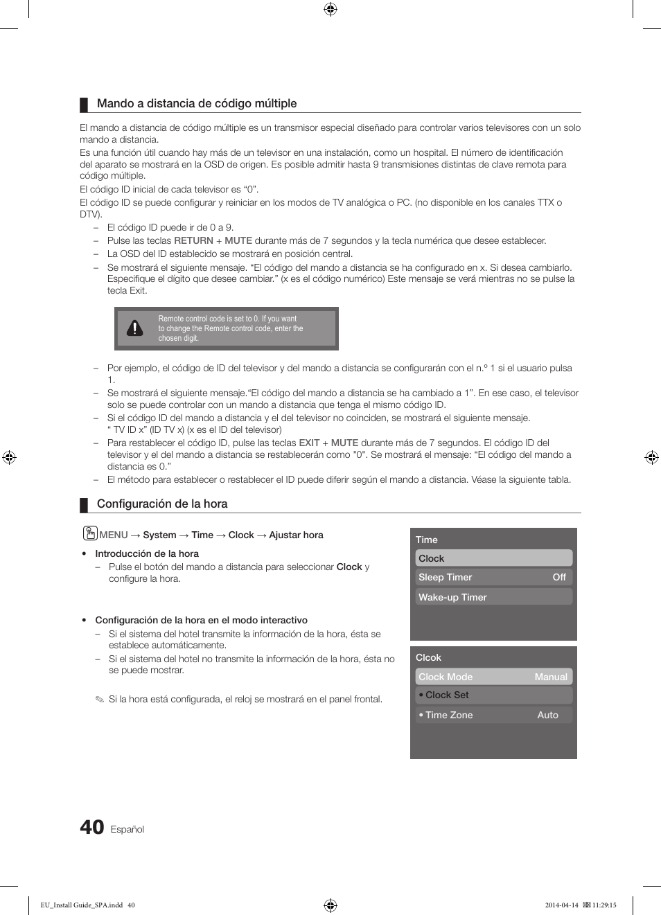 Mando a distancia de código múltiple, Configuración de la hora | Samsung HG32EC675AB User Manual | Page 40 / 57