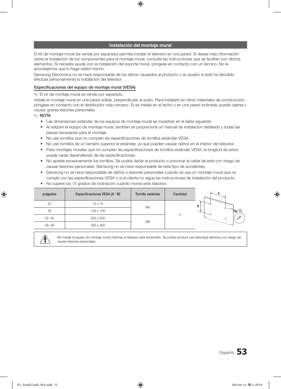 Instalación del montaje mural | Samsung HG32EC675AB User Manual | Page 53 / 57