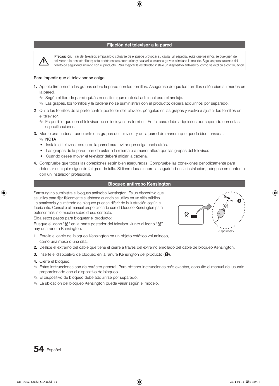 Fijación del televisor a la pared, Bloqueo antirrobo kensington | Samsung HG32EC675AB User Manual | Page 54 / 57