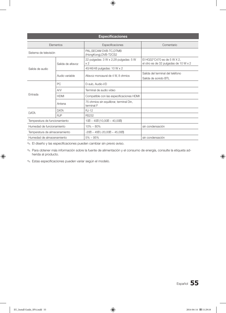 Especificaciones | Samsung HG32EC675AB User Manual | Page 55 / 57