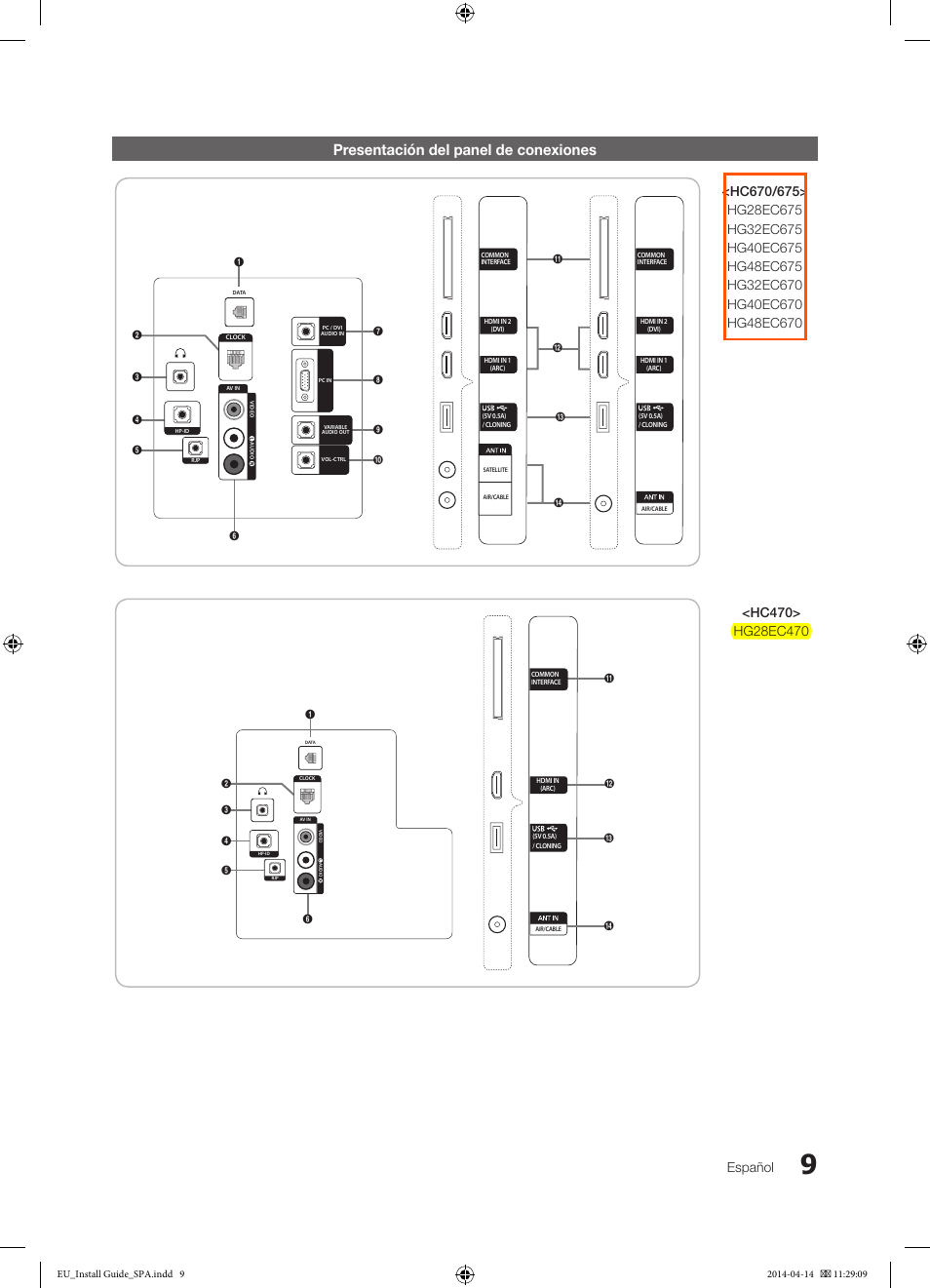 Presentación del panel de conexiones, Español | Samsung HG32EC675AB User Manual | Page 9 / 57