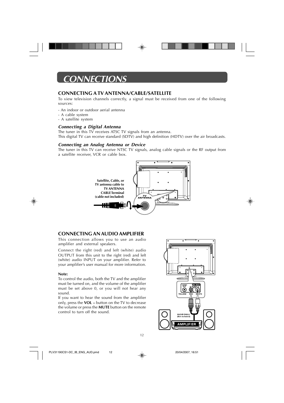 Connections, Connecting a tv antenna/cable/satellite, Connecting an audio amplifier | Audiovox FPE1907DV User Manual | Page 12 / 36