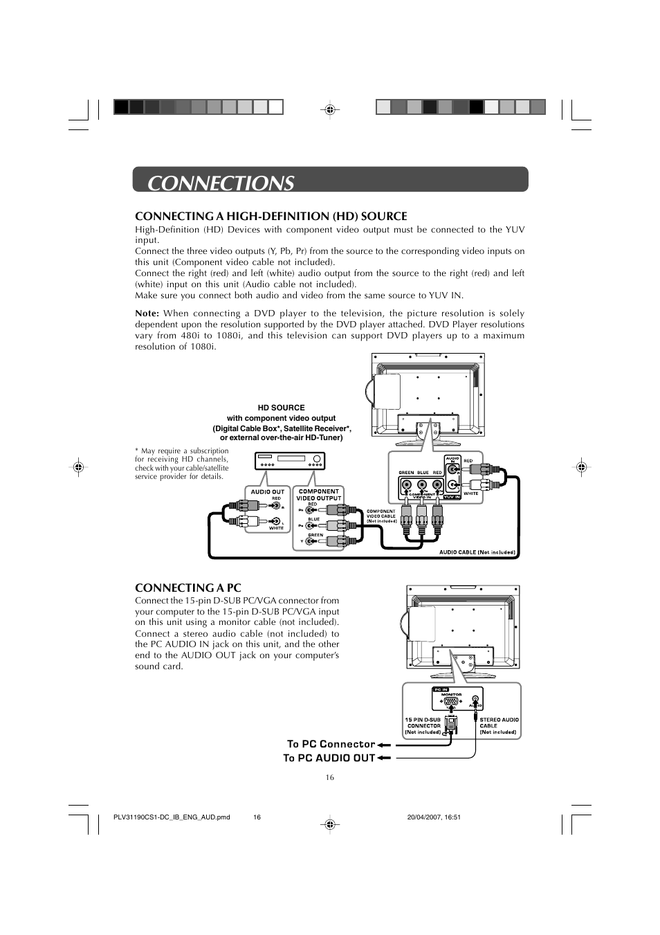 Connections, Connecting a pc, Connecting a high-definition (hd) source | Audiovox FPE1907DV User Manual | Page 16 / 36