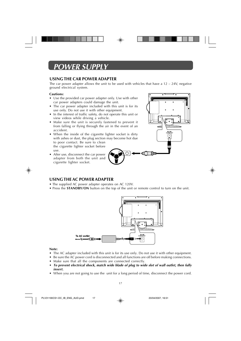 Power supply, Using the ac power adapter, Using the car power adapter | Audiovox FPE1907DV User Manual | Page 17 / 36
