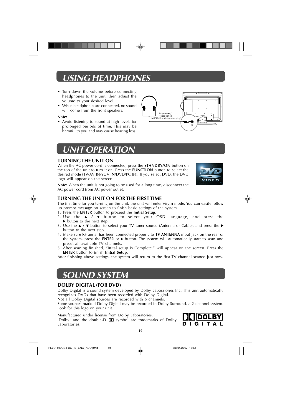 Using headphones unit operation, Sound system | Audiovox FPE1907DV User Manual | Page 19 / 36