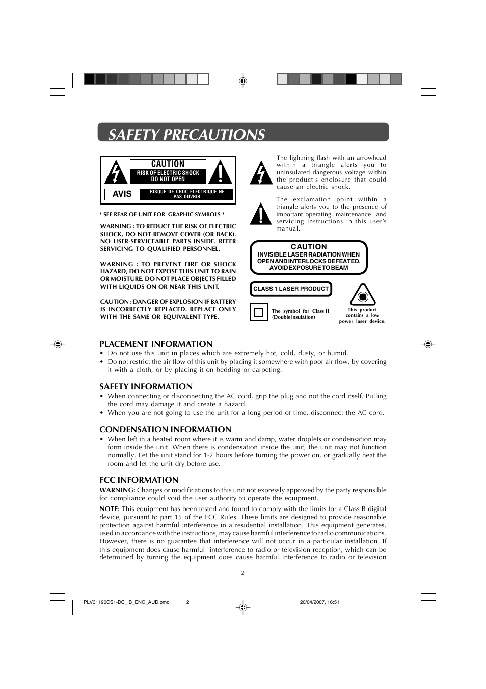 Safety precautions, Placement information, Safety information | Condensation information, Fcc information, Avis, Caution | Audiovox FPE1907DV User Manual | Page 2 / 36