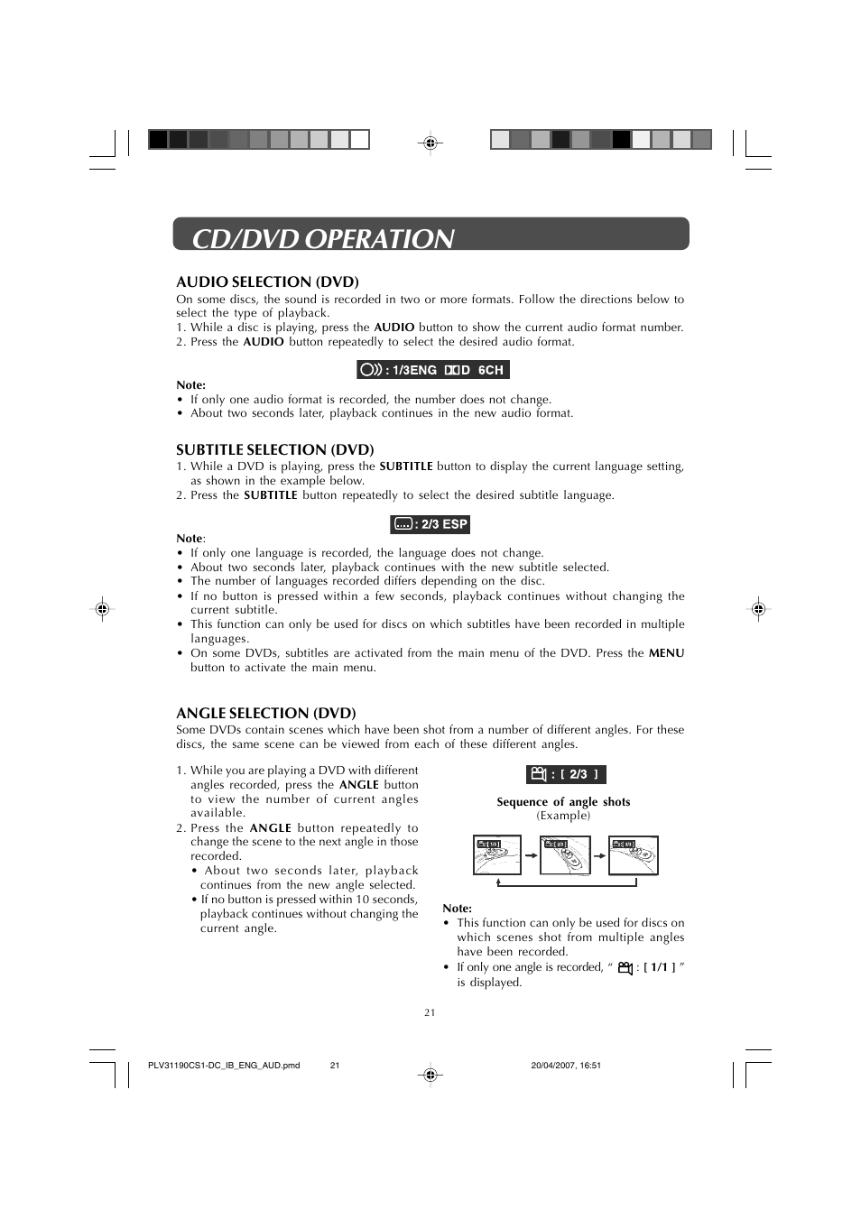 Cd/dvd operation, Audio selection (dvd), Subtitle selection (dvd) | Angle selection (dvd) | Audiovox FPE1907DV User Manual | Page 21 / 36